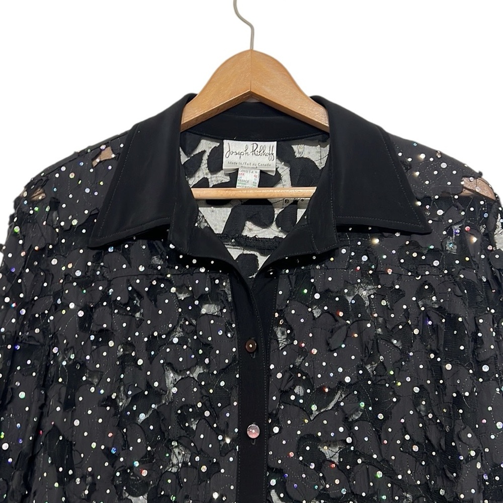 Joseph Ribkoff Black Cardigan Blouse Womans Size 14 Sheer Cutout Sparkle Vintage - Picture 2 of 10